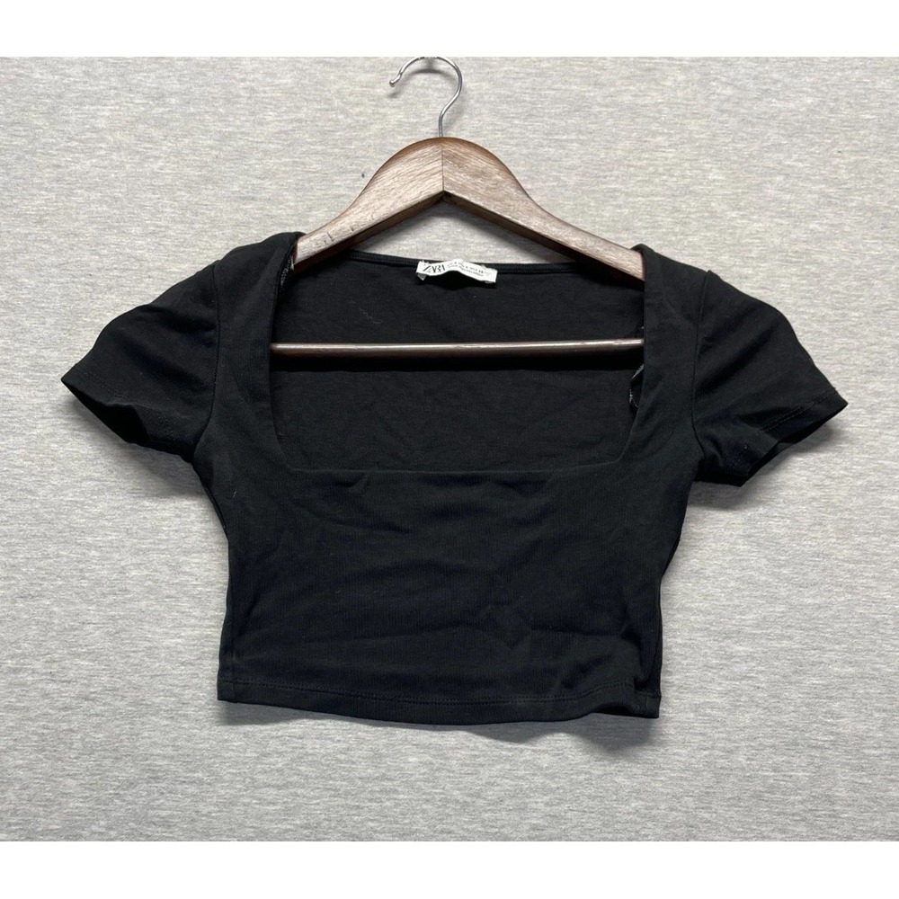 Zara Ribbed Knit Cropped Top Womens Small Black Stretch Square Neck Short Sleeve